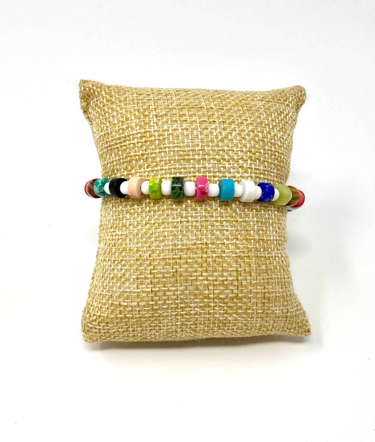 Multicolored Howlite Disk Bracelet with White Seed Bead Spacers