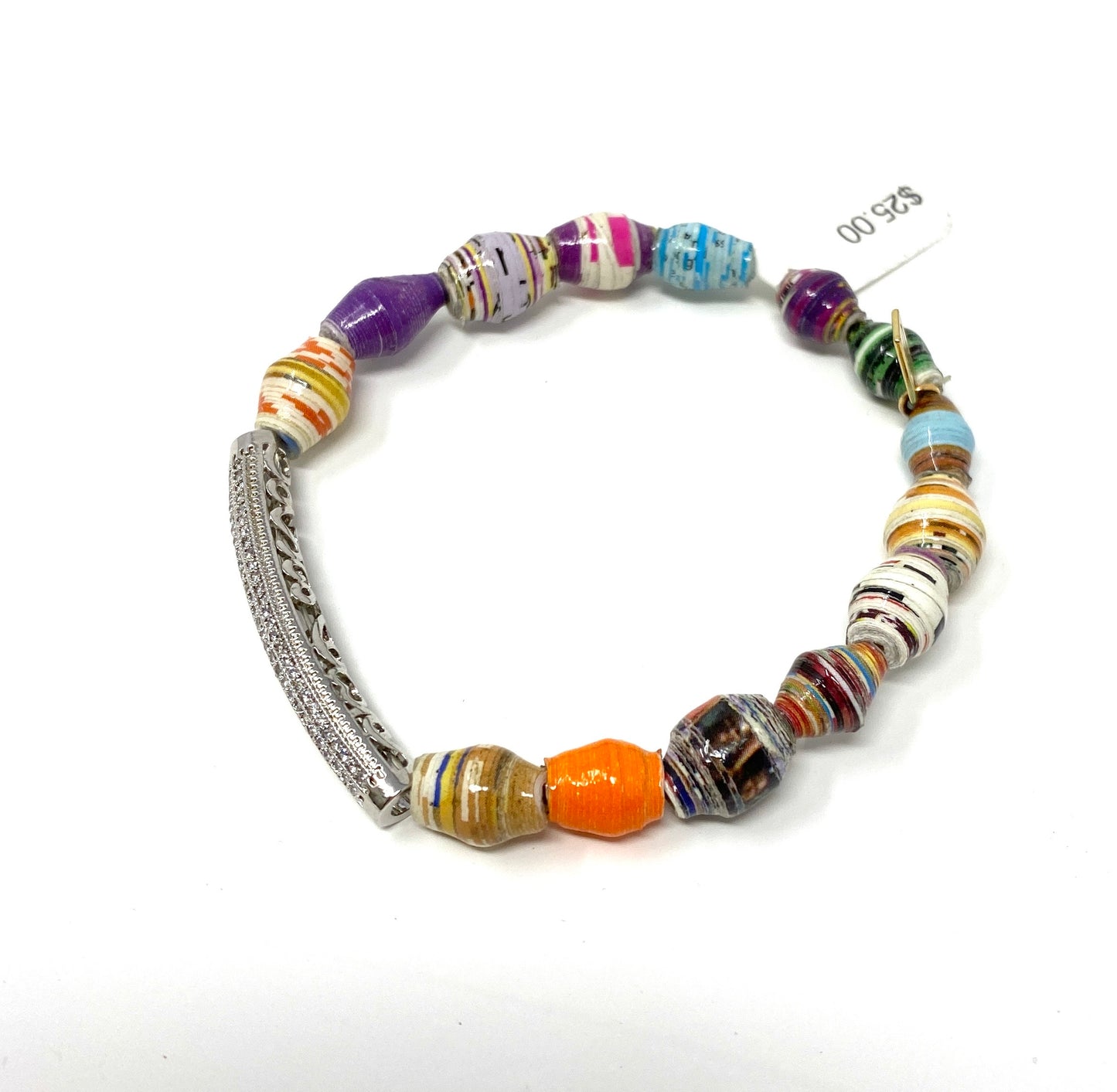 Multicolored Rolled Paper Beaded Bracelet with CZ Silver Tube Accent
