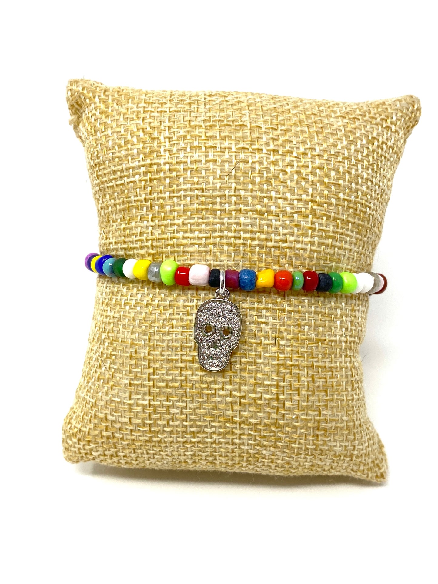 Multicolored Seed Bead Elastic Bracelet with CZ Skull Charm