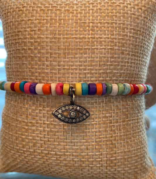 Multicolored Howlite Disk Bracelet with Pave Diamond Evil Eye Charm