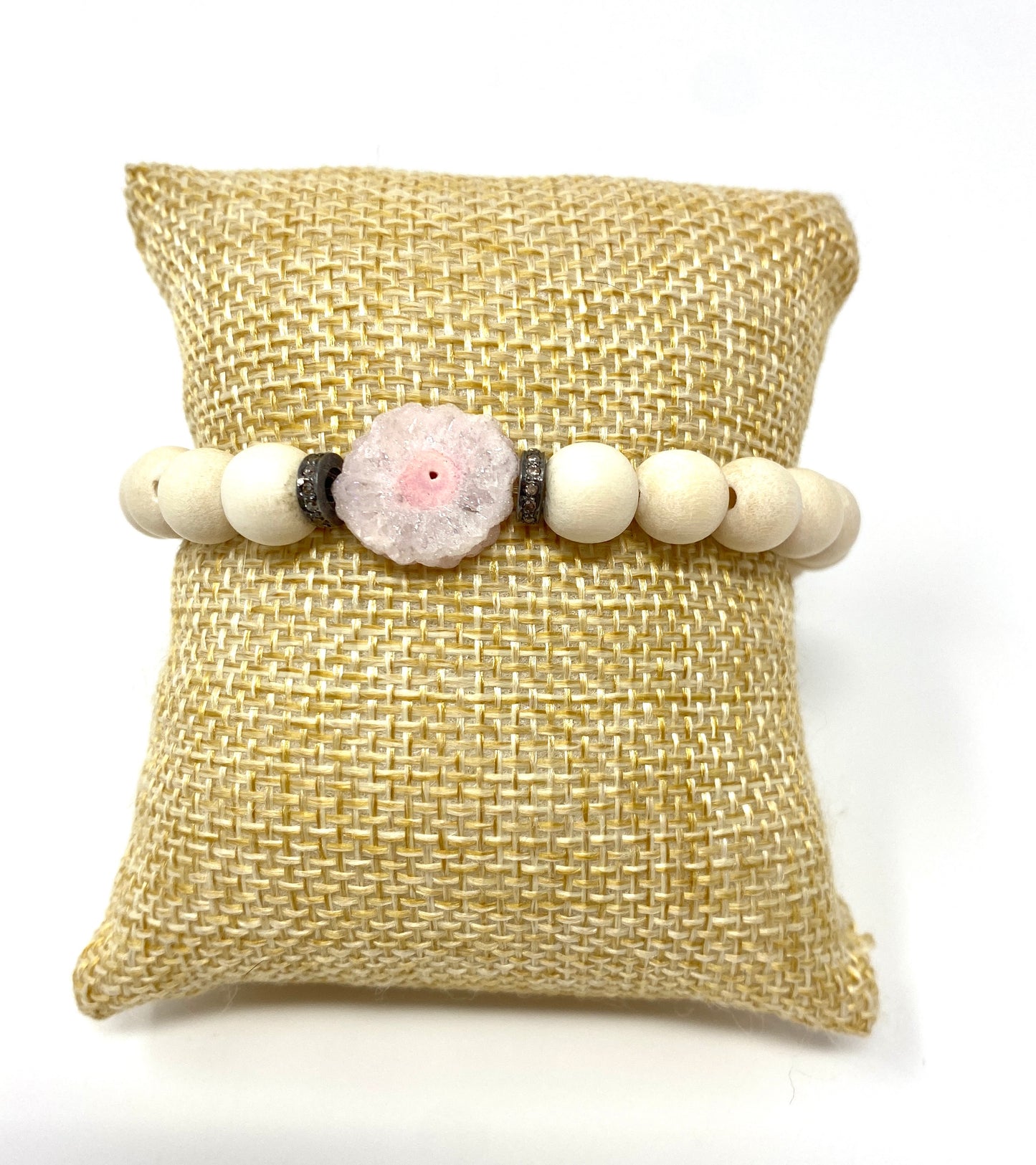 Off White Wooden Elastic Beaded Bracelet with Rose Quartz and Pave Diamond Accent