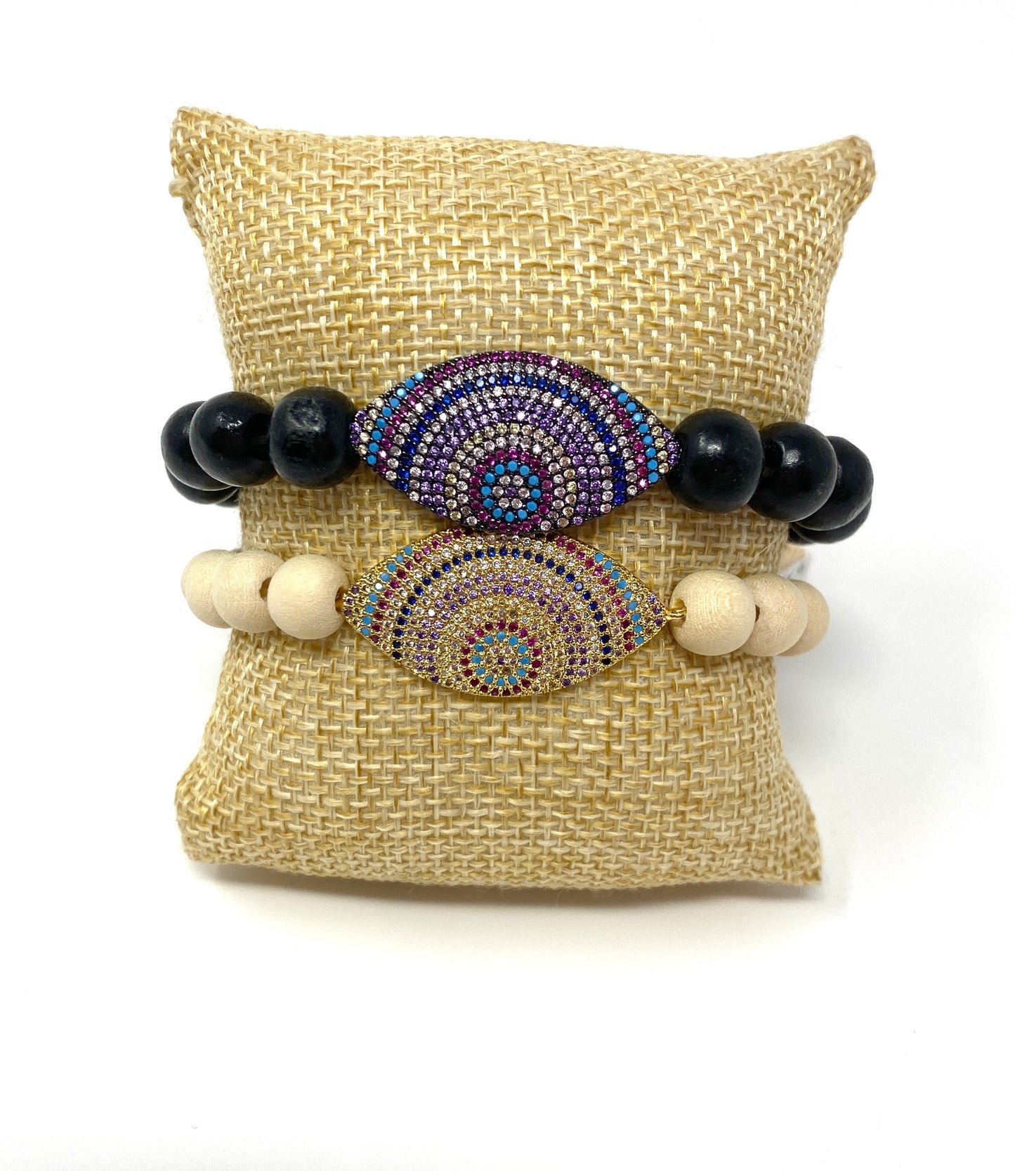 Wooden Beaded Bracelet with Multicolored Oval Shaped CZ Connector