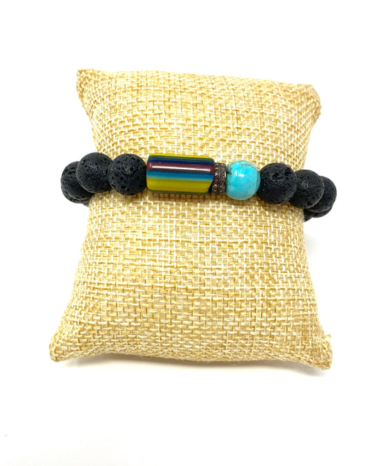 Black Lava Beaded Elastic Bracelet with African Trading Bead, Turquoise Bead and Pave Diamond Spacer