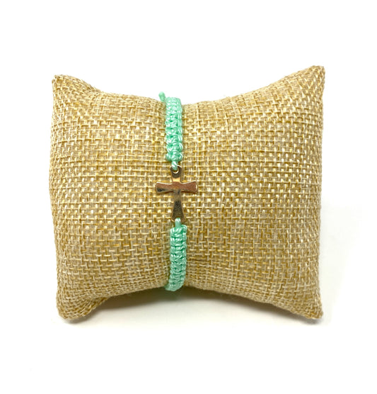 Seafoam Green Adjustable Macrame Bracelet With Gold Filled Cross Connector