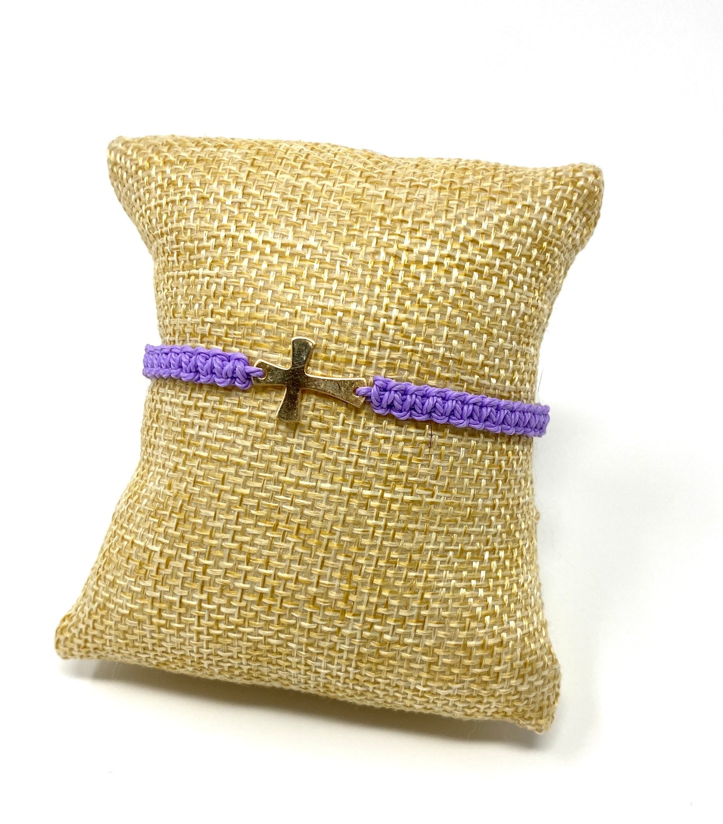 Lavender Macrame Adjustable Bracelet With Gold Filled Cross Connector