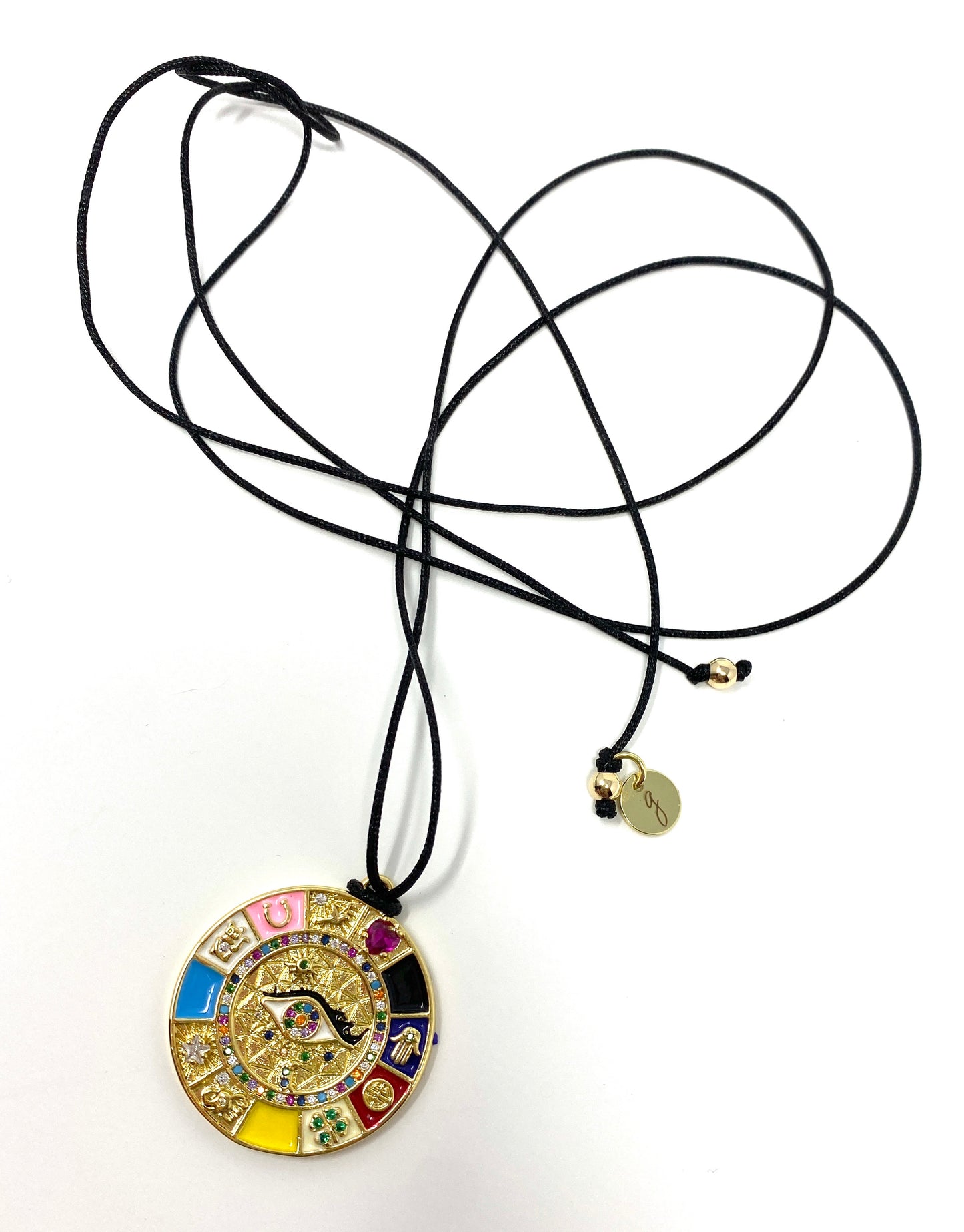 Black Nylon Cord Necklace With Enamel and CZ Pendant