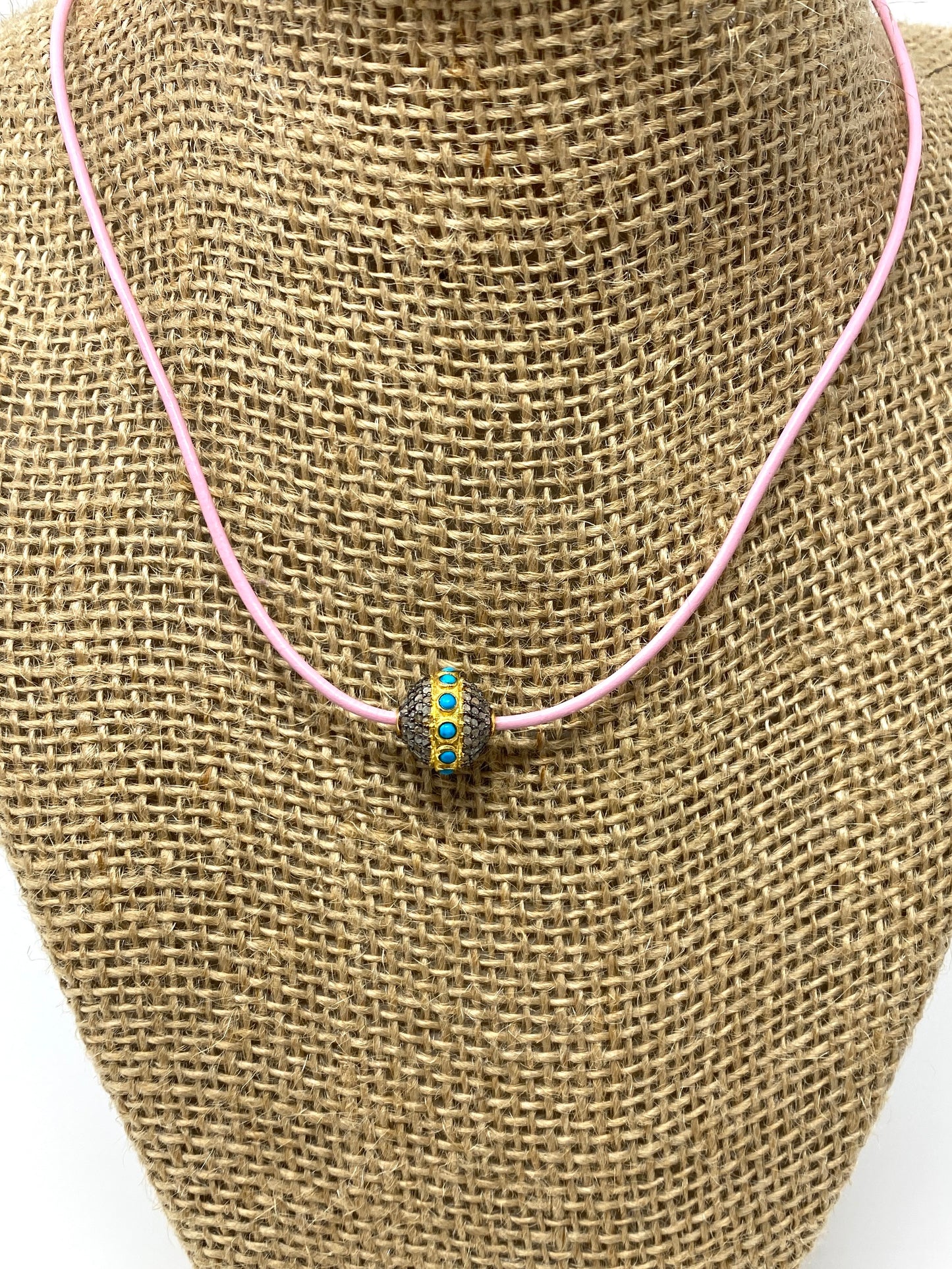 Pink Leather Choker Necklace With Diamond and Turquoise Center Bead