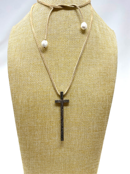 Tan Leather Wrap Necklace with Pave Diamond Long Cross Pendant and Pearl Accent Beads