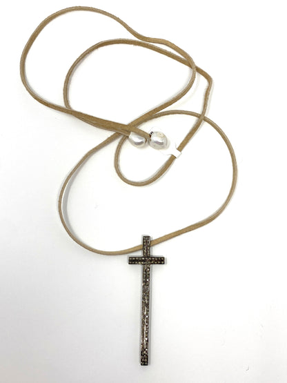 Tan Leather Wrap Necklace with Pave Diamond Long Cross Pendant and Pearl Accent Beads