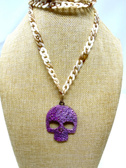 Acrylic Chain Necklace with Painted Brass Skull