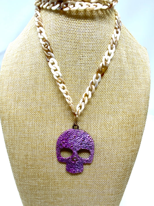 Acrylic Necklace with Brass Skull Pendant