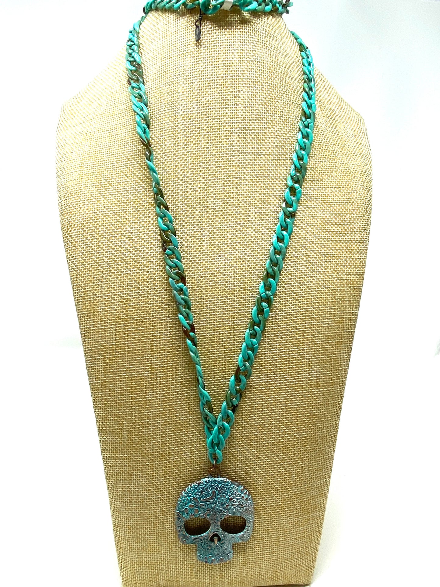 Acrylic Chain Necklace with Painted Brass Skull