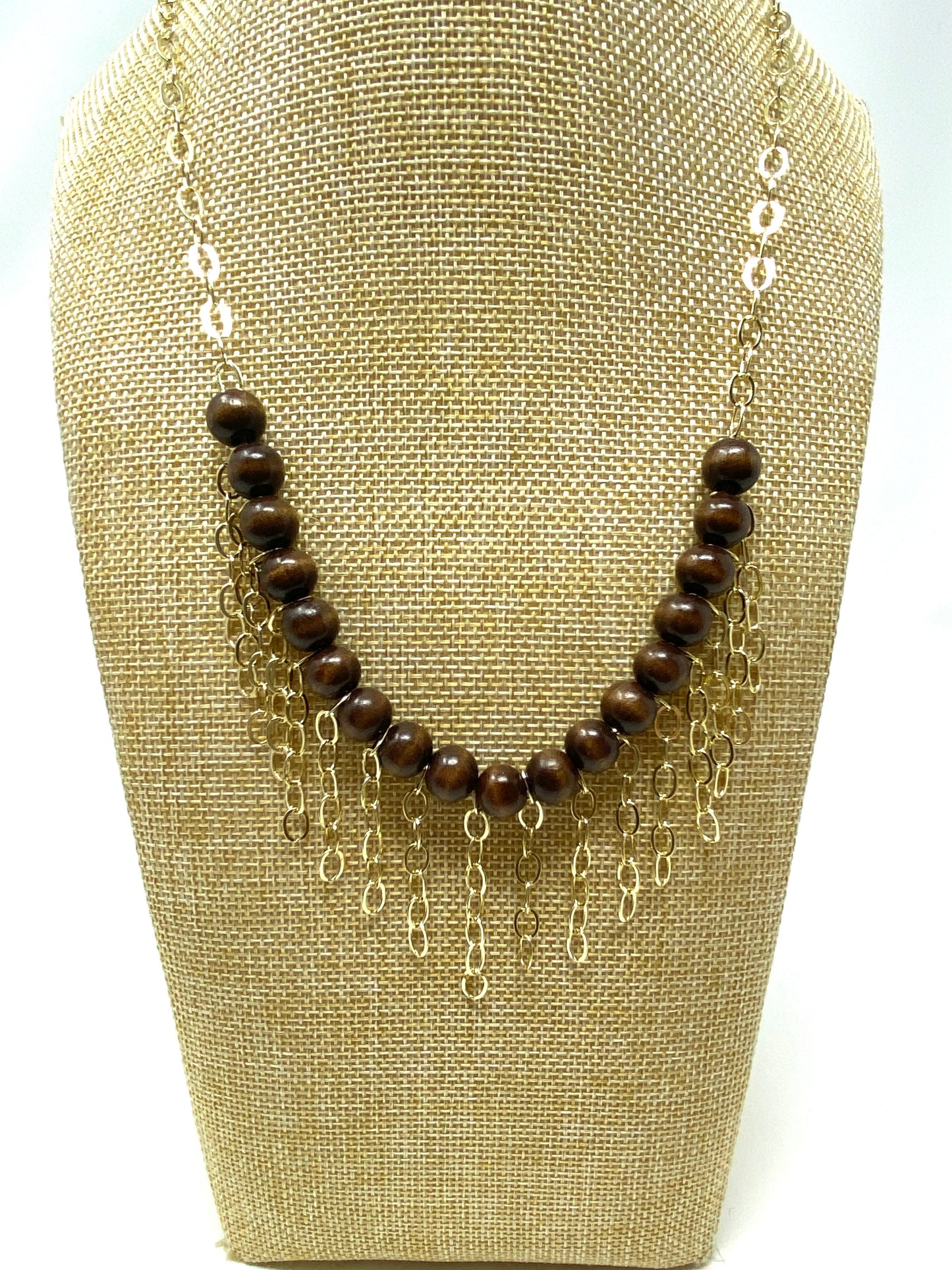 Gold Filled Chain Necklace with Brown Wooden Beads