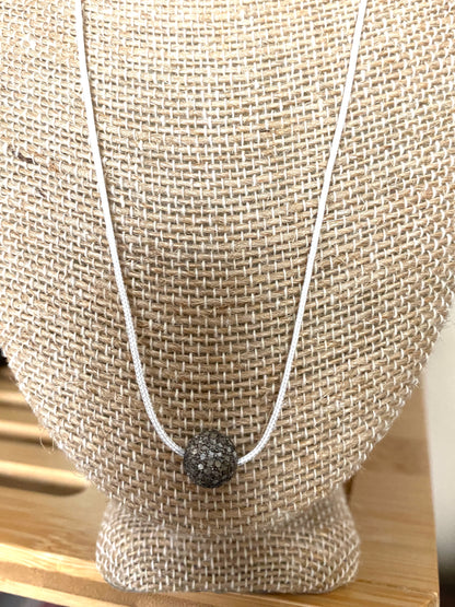 White Nylon Necklace With Pave Diamond Bead