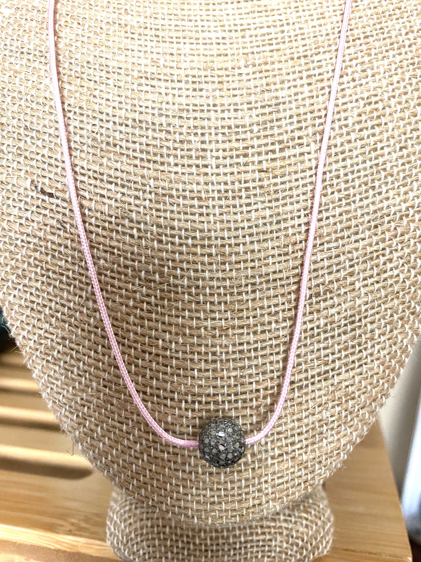 Light Pink Nylon Necklace With Pave Diamond Bead