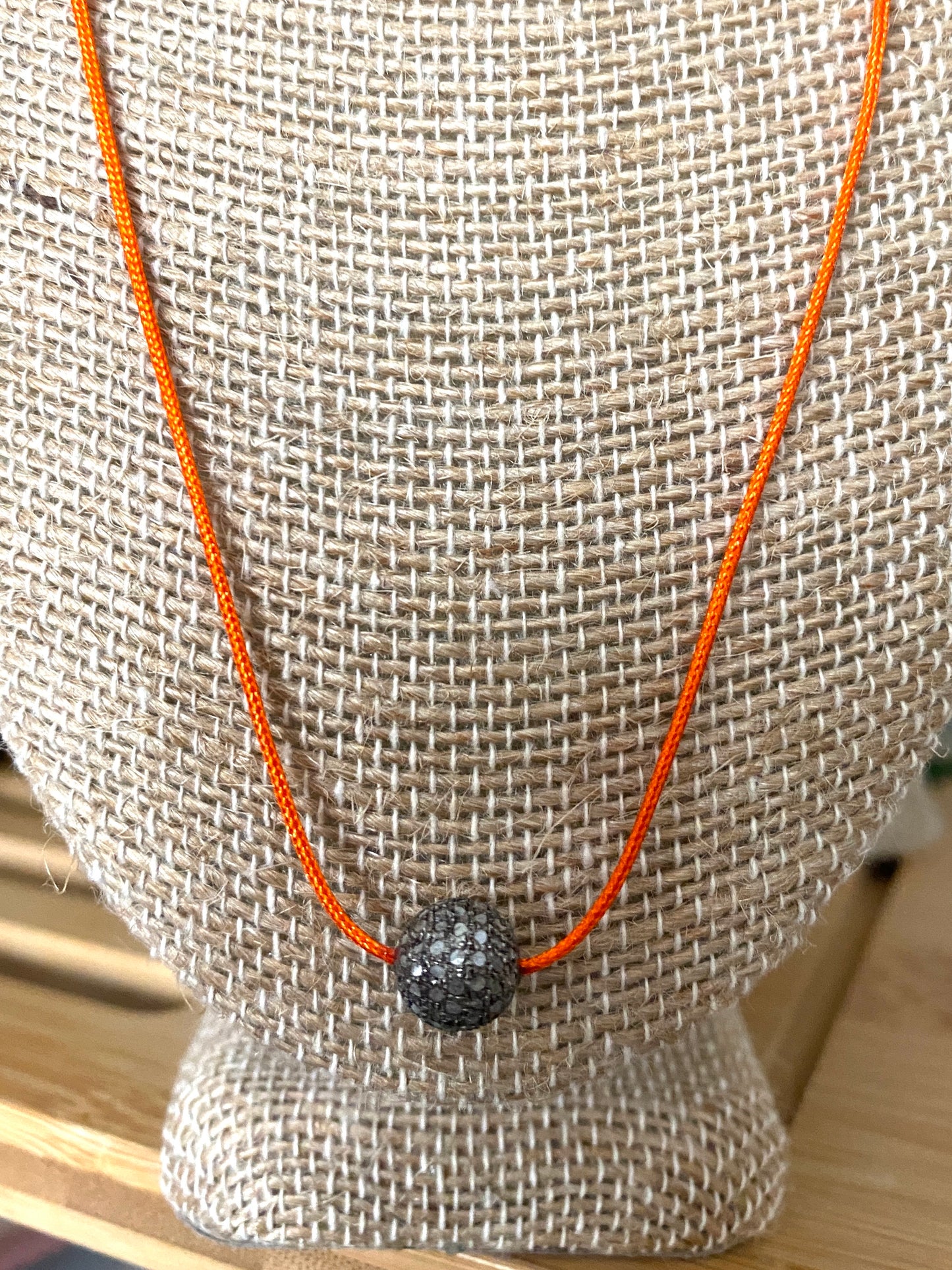 Orange Nylon Necklace With Pave Diamond Bead