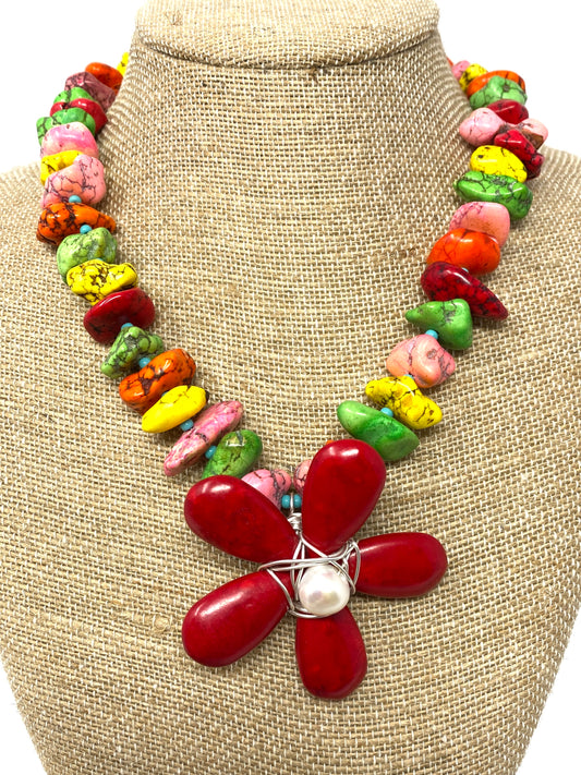 Multi Colored Turquoise Necklace With Red Flower Pendant