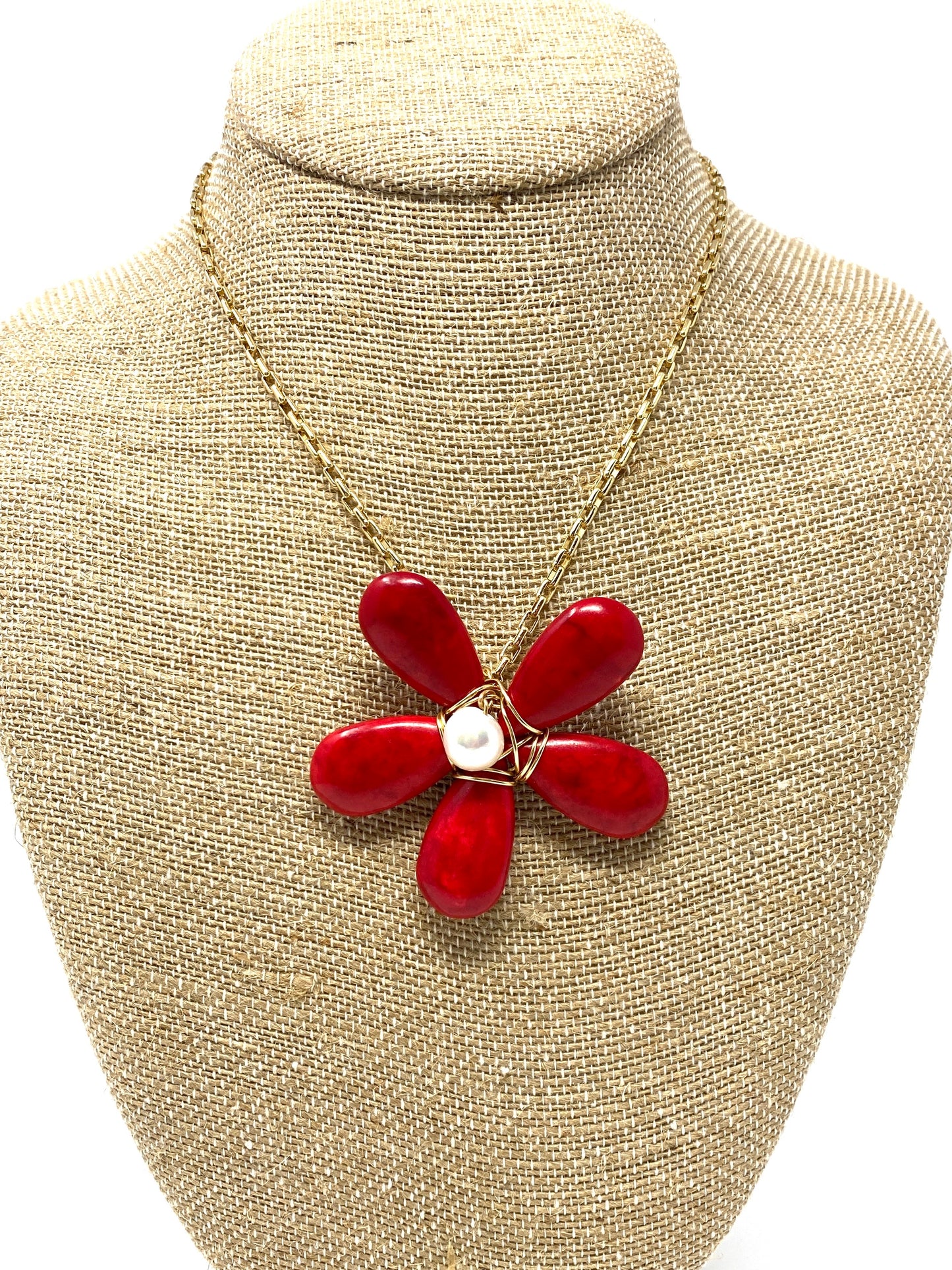 Gold Filled Chain Necklace With Red Turquoise and Pearl Flower Pendant