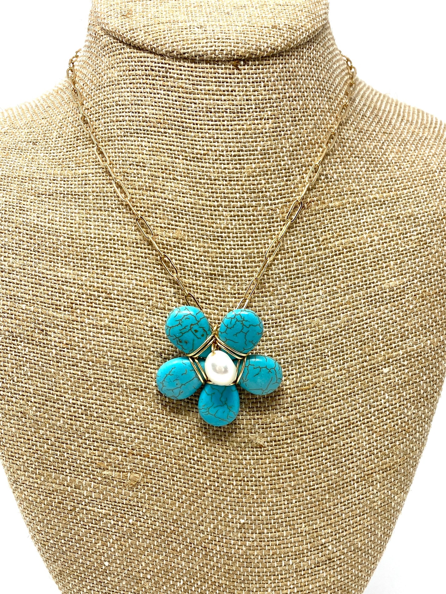 Gold Filled Chain Necklace With Turquoise and Pearl Flower Pendant