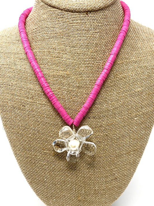 Bright Pink Vinyl Necklace With Clear Crystal and Pearl Flower Pendant