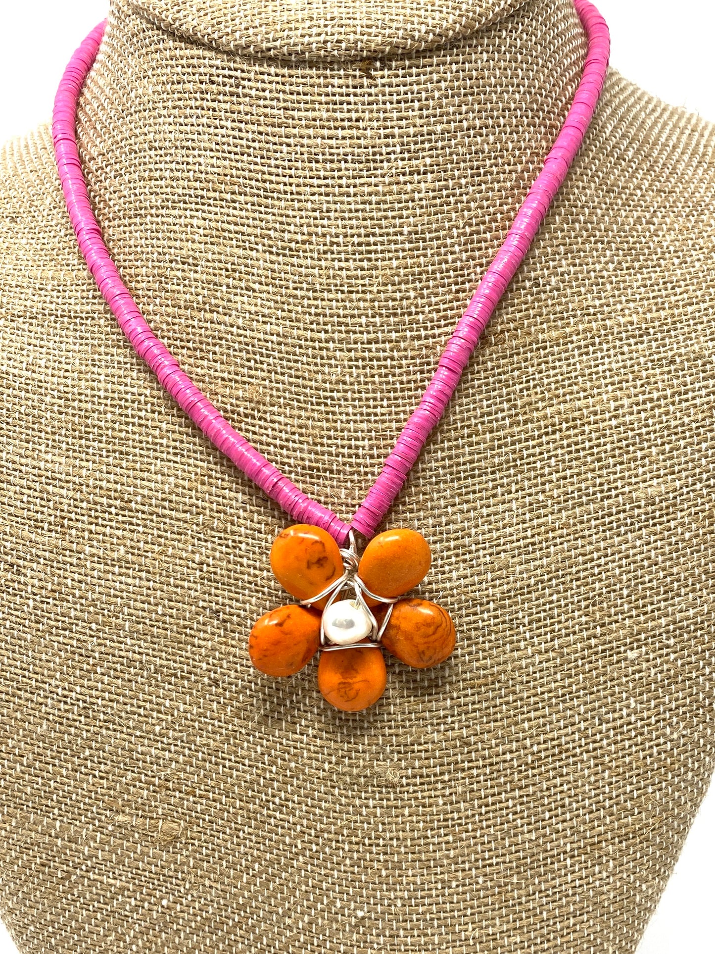 Bright Pink Vinyl Necklace With Orange and Pearl Flower Pendant