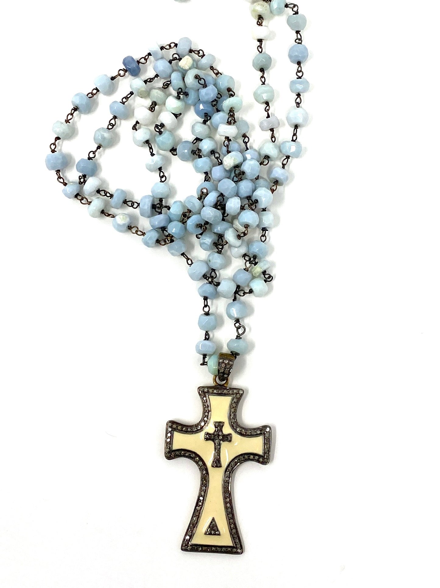 Chalcedony Rosary Style Beaded Chain Necklace with Cream Enamel and Pave Diamond Cross Pendant