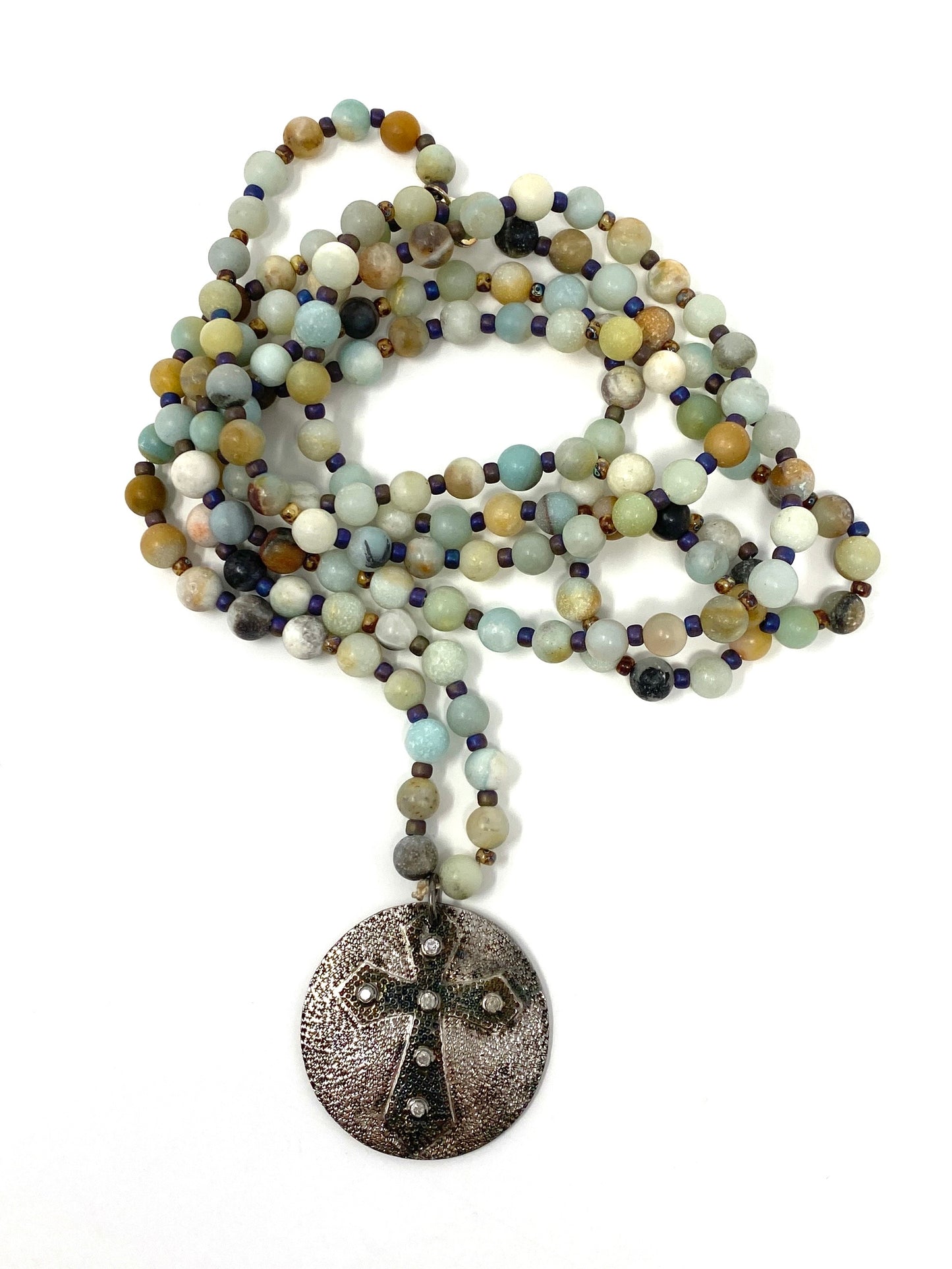 Amazonite Beaded Necklace with Silver Pave Diamond Cross Pendant