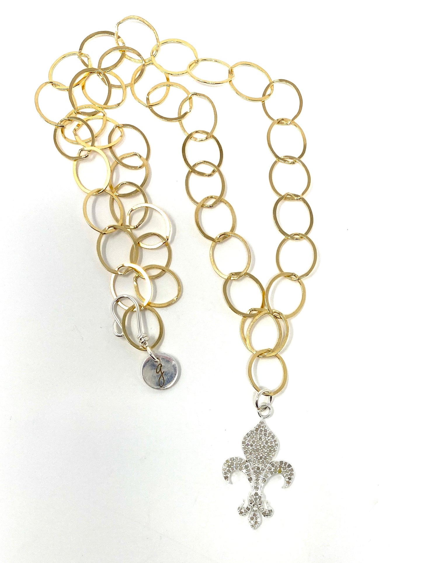 Gold Filled Link Necklace With Silver and Diamond Fleur-de-lis Pendant