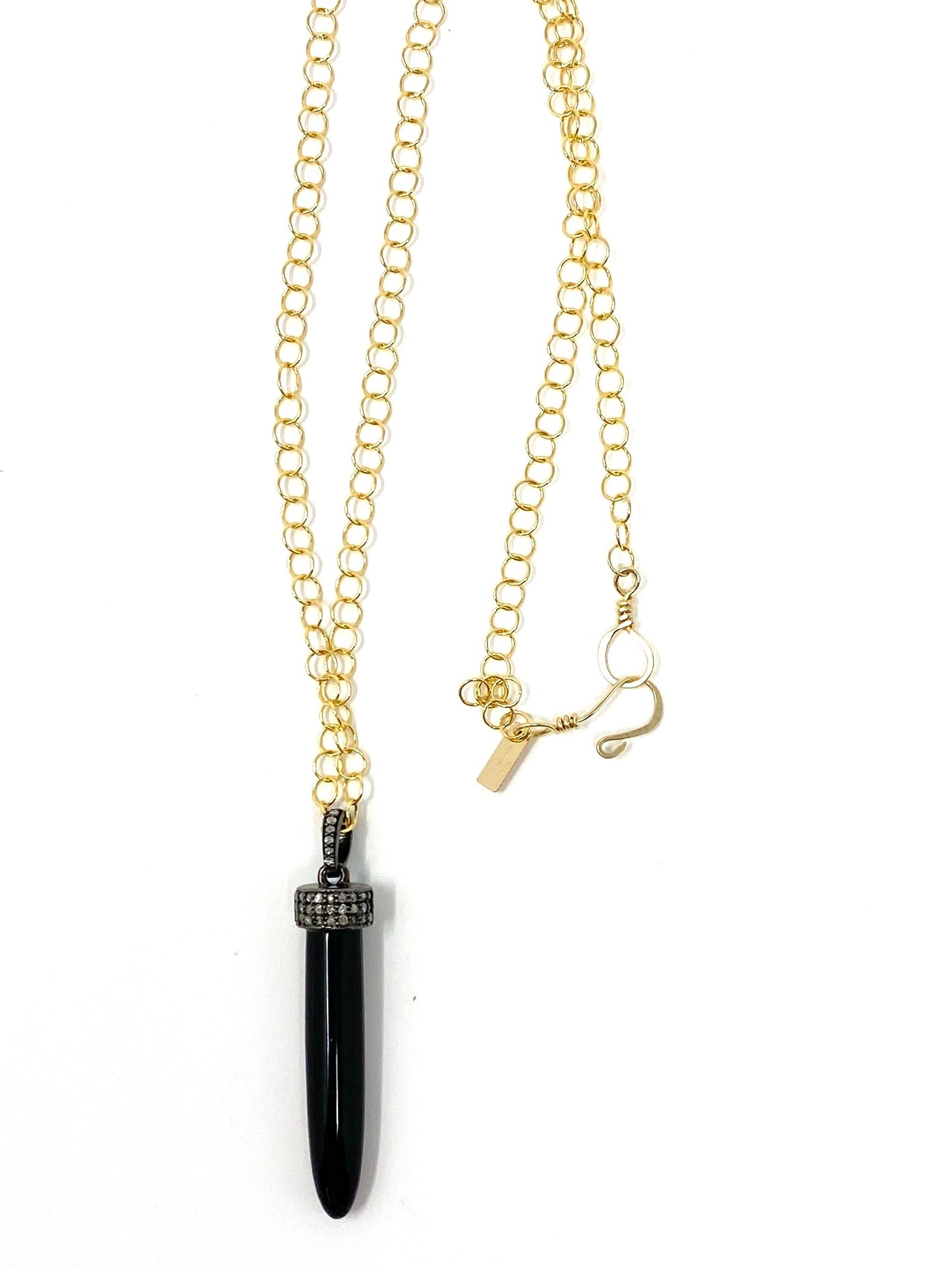 Black Onyx and Diamond Spike Pendant on Gold Filled Chain