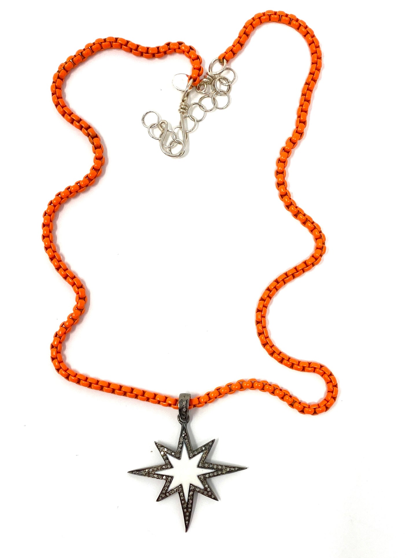 Orange Box Chain Necklace With White Enamel and Diamond Star Pendant