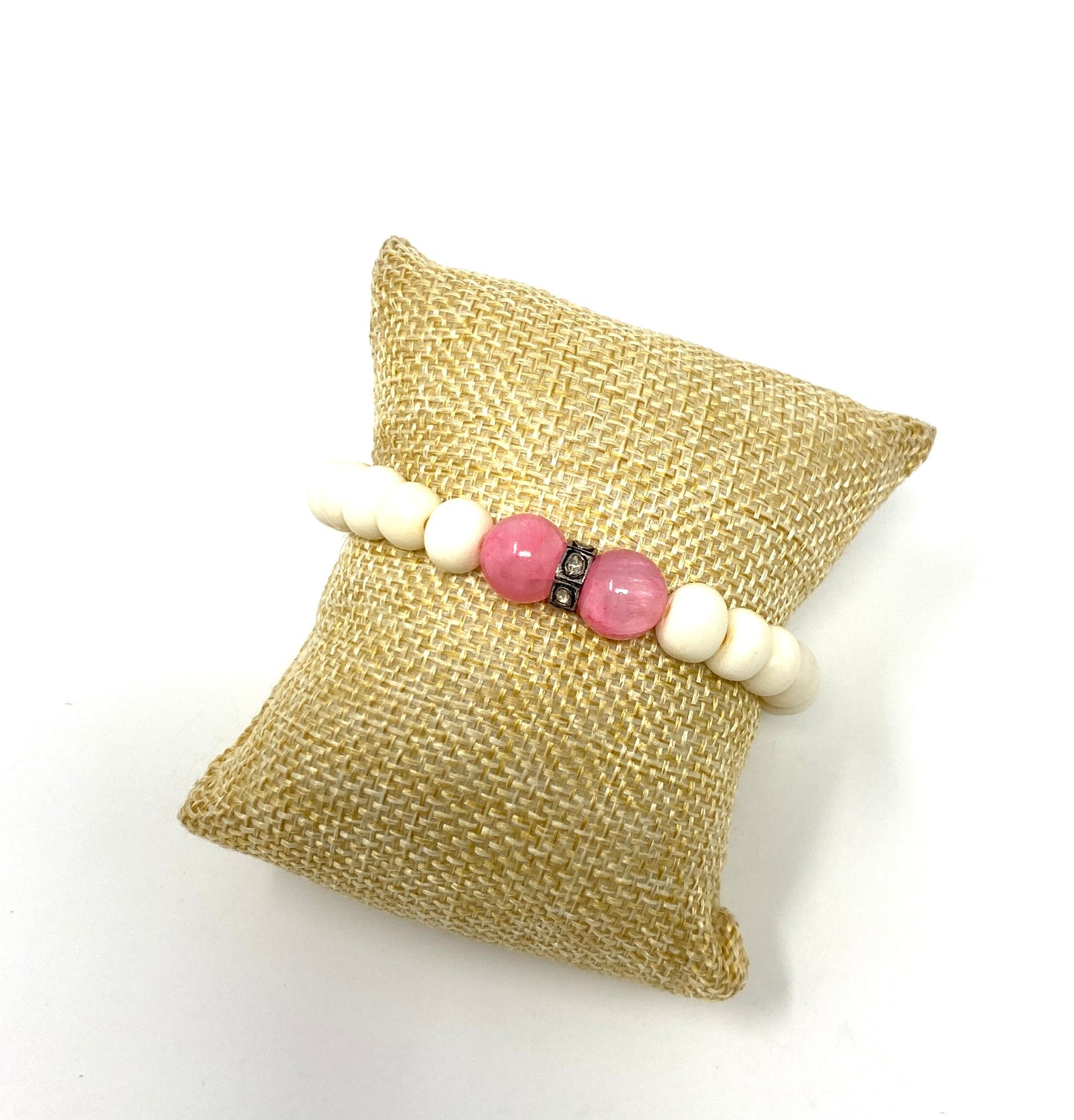 Ivory Elastic Beaded Bracelet With Pink Beads and Diamond Spacer