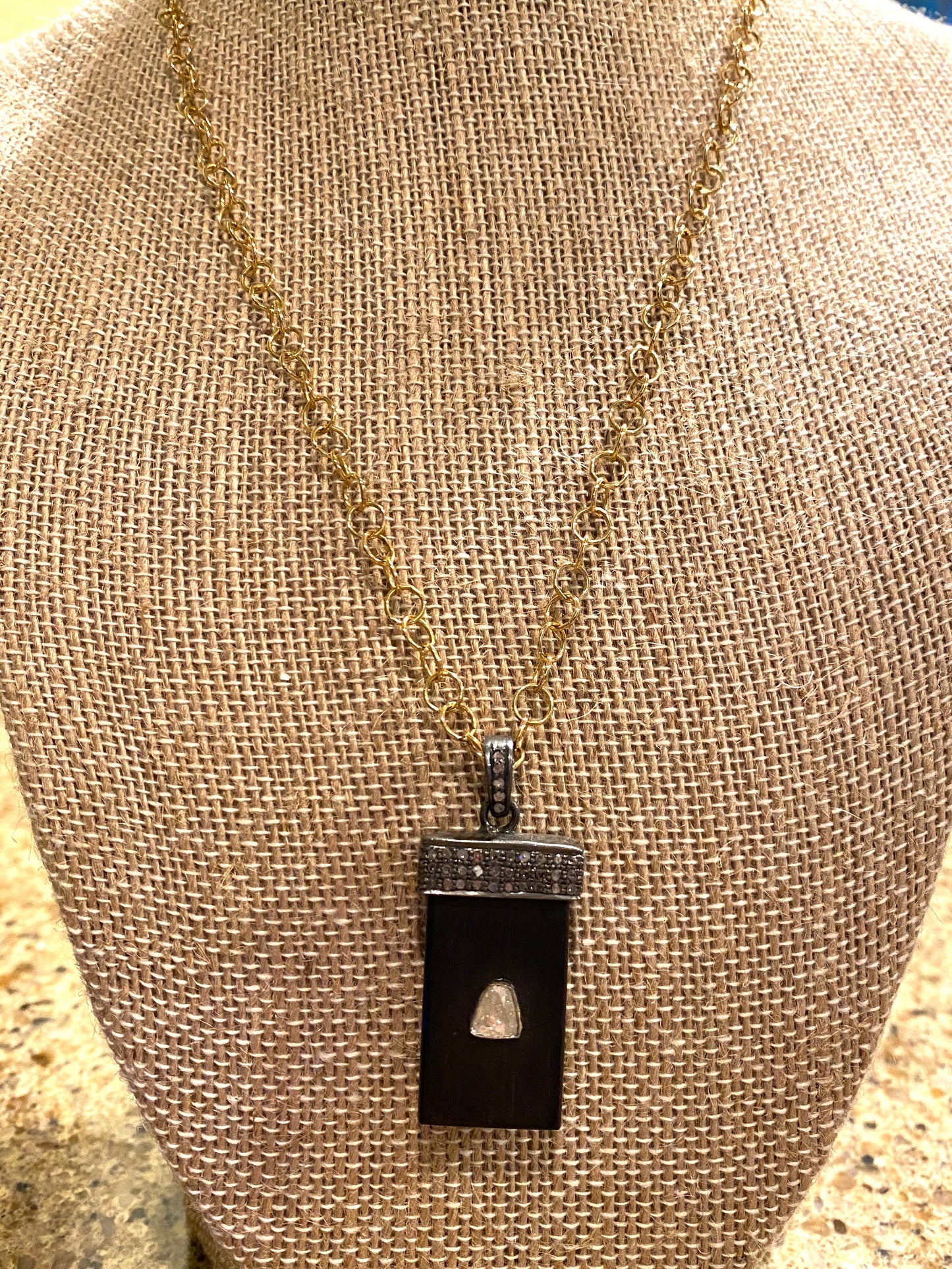 Black Wood Rectangular Pendant With Diamonds on Gold Filled Chain Necklace
